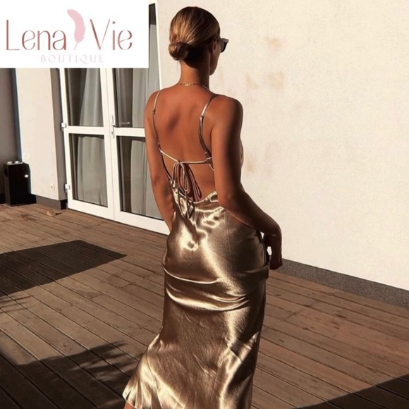 Lena Vie Champagne Addie May Slip Dress Hammered Soft Satin Long Gold Maxi Gown - Picture 4 of 12